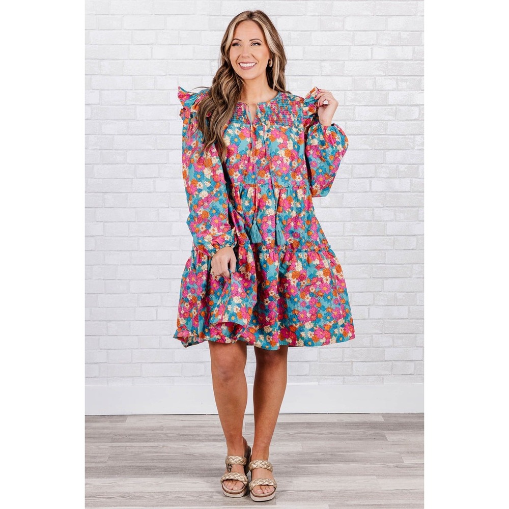 Oddi Womens Boho Avant Garde Colorful Floral Smocked Tiered Babydoll Dress 1XL